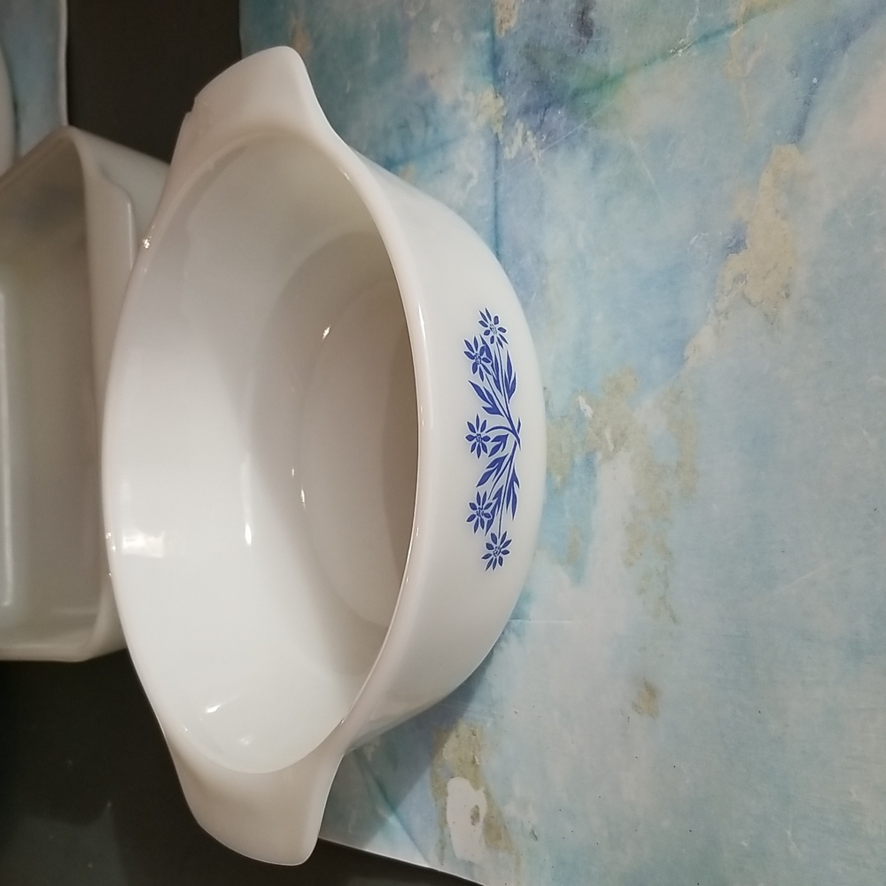 Fire king milk glass serving bakeware blue flowers